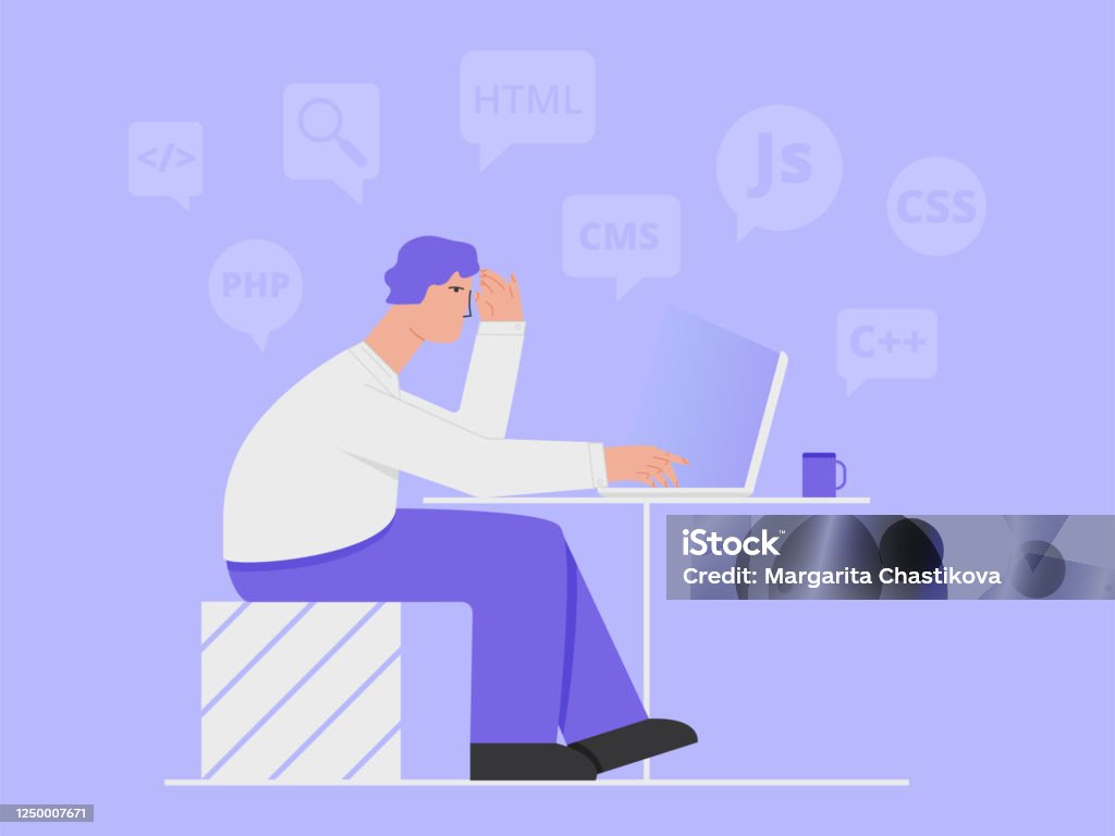 Young Freelancer Programmer Coding With Laptop Illustration Of ...