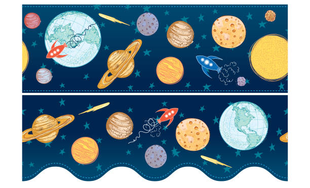 Outer Space Bulletin Board Banners Teacher's Classroom Decorations Fun Bulletin Board decorations for the classroom. File is created in CMYK and comes with a high resolution jpeg, suitable for printing. Print, cut and tape for bulletin boards. astronaut borders stock illustrations