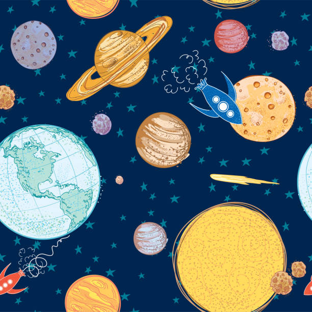 Outer Space Seamless Pattern Teacher's Classroom Decorations Fun Bulletin Board decorations for the classroom. File is created in CMYK and comes with a high resolution jpeg, suitable for printing. Print, cut and tape for bulletin boards. classroom borders stock illustrations
