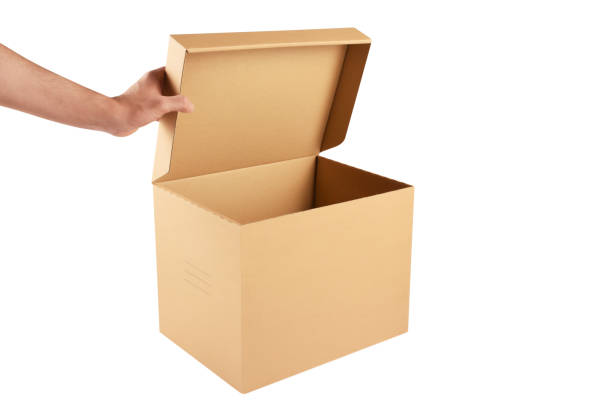 istock Man hand opening cardboard box (Clipping path) on white background 1250011628