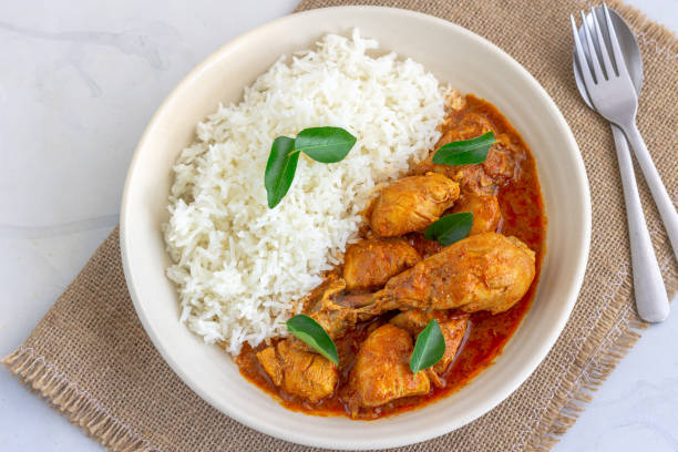 pollo kori gassi, curry di pollo al mangalorean con riso in una ciotola direttamente sopra la foto orizzontale - curry sauces foto e immagini stock