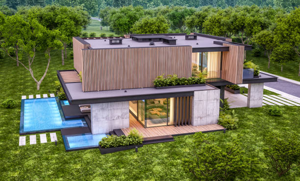 istock 3d rendering of modern house with wood plank facade in evening 1250012907