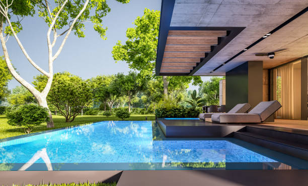istock 3d rendering of modern house with wood plank facade in evening 1250012959