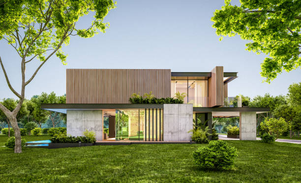 istock 3d rendering of modern house with wood plank facade in evening 1250012965