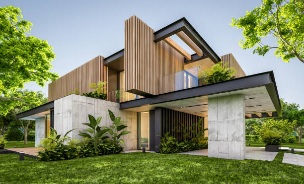 3d rendering of modern cozy house with parking and pool for sale or rent with wood plank facade and beautiful landscaping on background. Clear summer evening with cozy light from window.