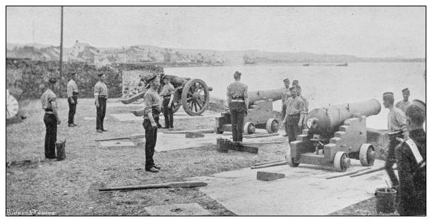 Antique photograph of British Navy and Army: Antrim militia artillery Antique photograph of British Navy and Army: Antrim militia artillery northern ireland photos stock illustrations
