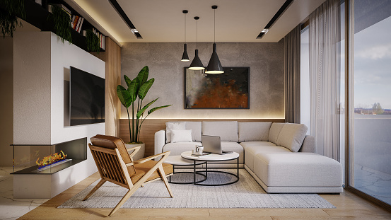 Computer generated image of living room. Architectural Visualization. 3D rendering.