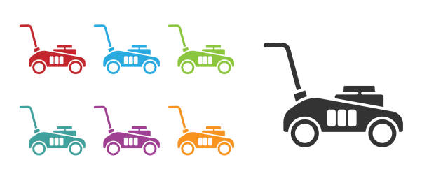 Black Lawn mower icon isolated on white background. Lawn mower cutting grass. Set icons colorful. Vector Illustration Black Lawn mower icon isolated on white background. Lawn mower cutting grass. Set icons colorful. Vector Illustration mower blade stock illustrations