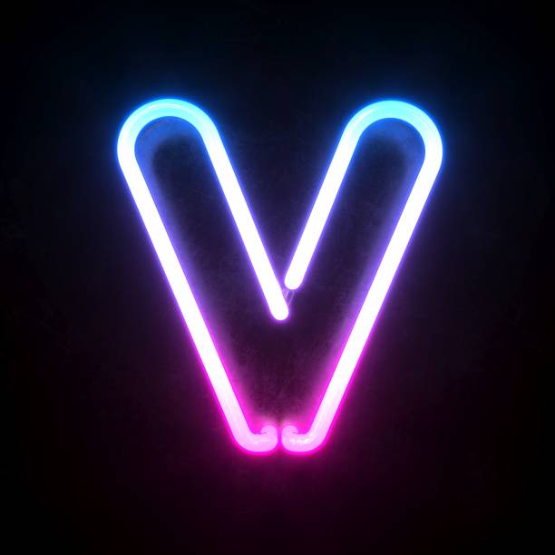 Neon 3d font, blue and pink neon light 3d rendering, letter V