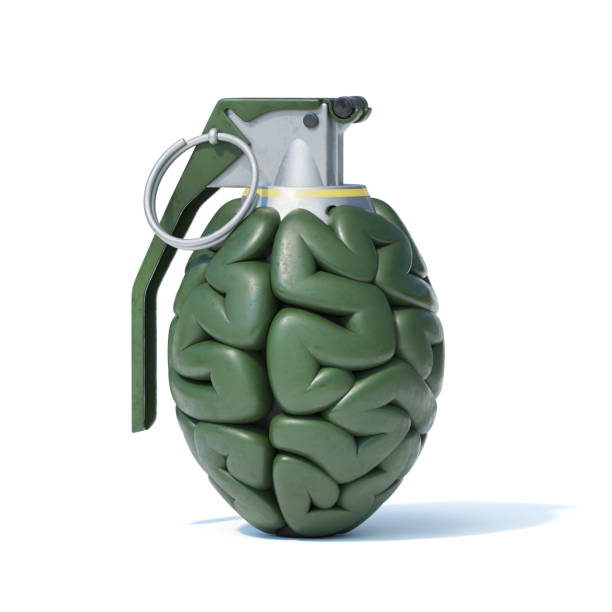 Hand grenade in the shape of human brain, brain storming concept, mental health concept Hand grenade in the shape of human brain, brain storming concept, mental health concept, 3d rendering storming stock pictures, royalty-free photos & images