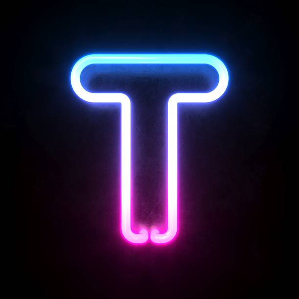 Neon 3d font, blue and pink neon light 3d rendering, letter T isolated illustration on black background