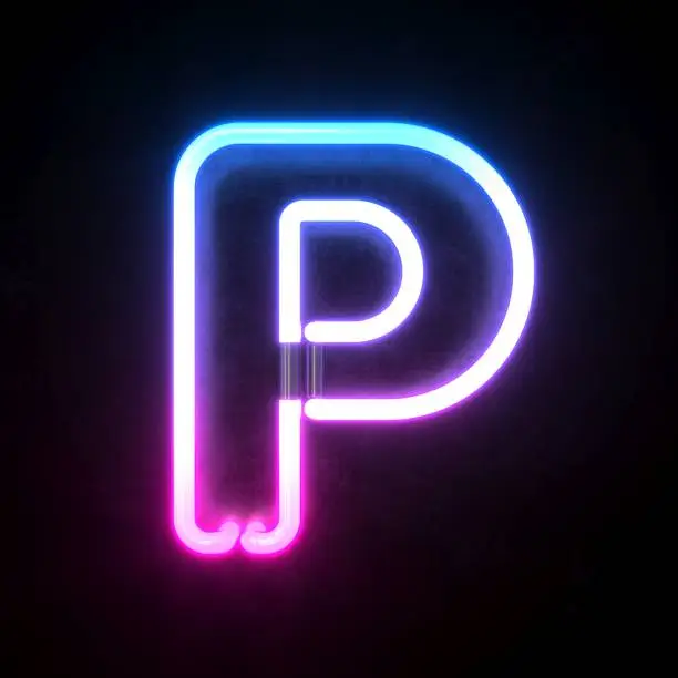 Neon 3d font, blue and pink neon light 3d rendering, letter P isolated illustration on black background
