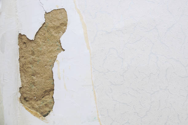 Damaged wall in the room. The fallen off plaster close-up.