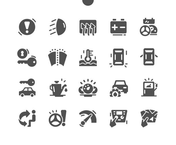 illustrations, cliparts, dessins animés et icônes de tableau de bord de voiture bien conçu pixel perfect vector solid icons 30 2x grid pour web graphics and apps. pictogramme minimal simple - odometer speedometer car battery motor vehicle