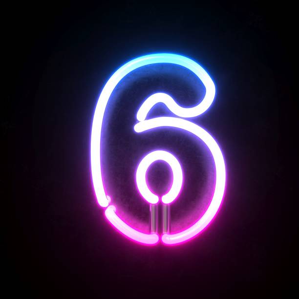 Neon 3d font, blue and pink neon light 3d rendering, number 6 isolated illustration on black background
