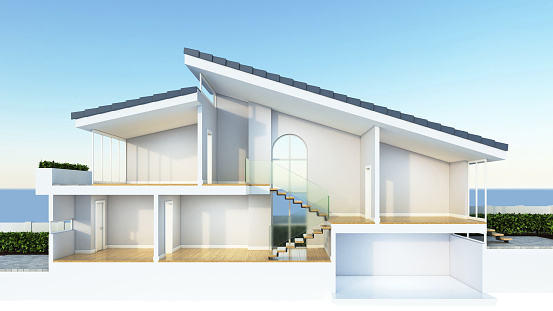 Modern home cross section, 3d rendering isolated illustration