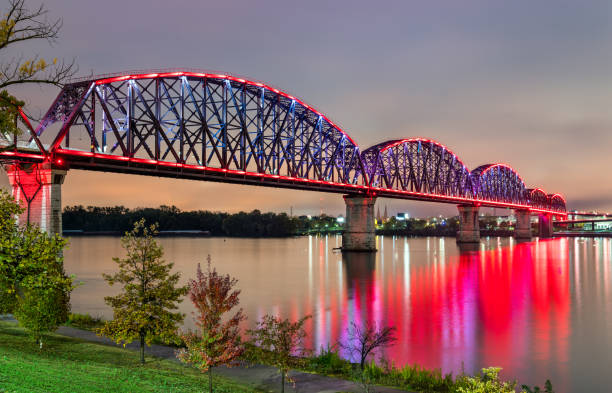 オハイオ川を渡るビッグフォーブリッジ、ケンタッキー州、ジェファーソンビル、インディアナ州 - louisville kentucky kentucky skyline waterfront ストックフォトと画像