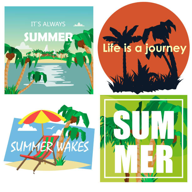istock Tropical print set. It`s always summer and life is a journey are lettering with tropical palms, beach paradise drawing. T-shirt print.Isolated. Vector. 1250023825