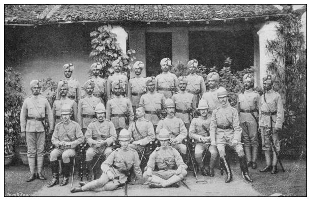 antyczne zdjęcie brytyjskiej marynarki wojennej i armii: indyjska armia, madras (chennai) - kolonializm stock illustrations