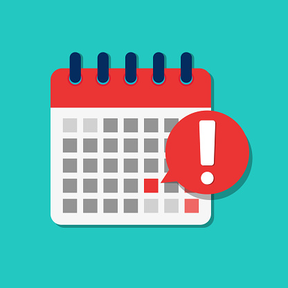 Flat calendar deadline icon. Important schedule date for business meeting. Cartoon reminder urgent agenda on week. Notification on calendar for job, school, holiday. Warning message in plan. vector