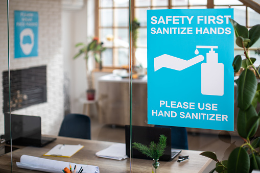 Poster about covid-19 illness prevention and safety at modern office. Hand Sanitizer Poster