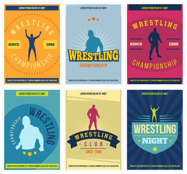 ilustrações de stock, clip art, desenhos animados e ícones de wrestling posters set. retro. colorful martial arts templates for print, banner, sticker, cover and more. vector. - wrestling