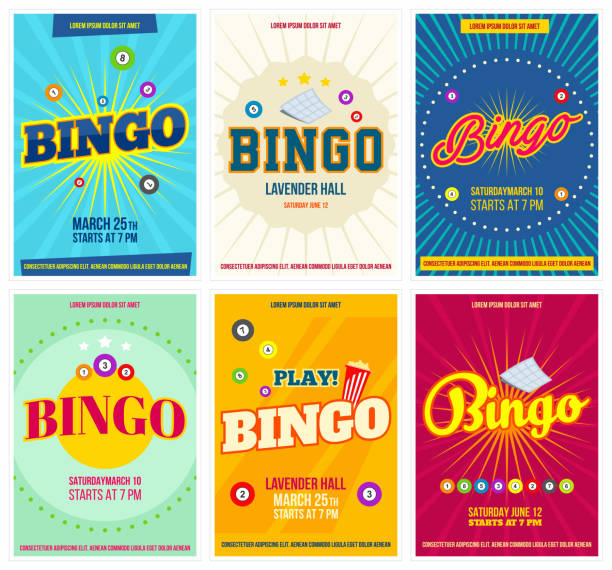 bingo-lotterie-plakate gesetzt. hintergrund-spielvorlagen mit bällen für einladungen, karten, anzeige und mehr. retro. vektor - poster stock-grafiken, -clipart, -cartoons und -symbole