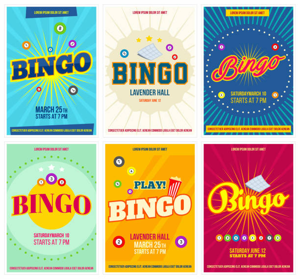 ilustrações de stock, clip art, desenhos animados e ícones de bingo lottery posters set. background game templates with balls for invitations, cards, ad and more. retro. vector - bingo