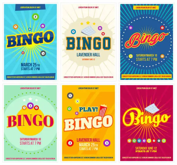 Vector illustration of Bingo lottery posters set. Background game templates with balls for invitations, cards, ad and more. Retro. Vector