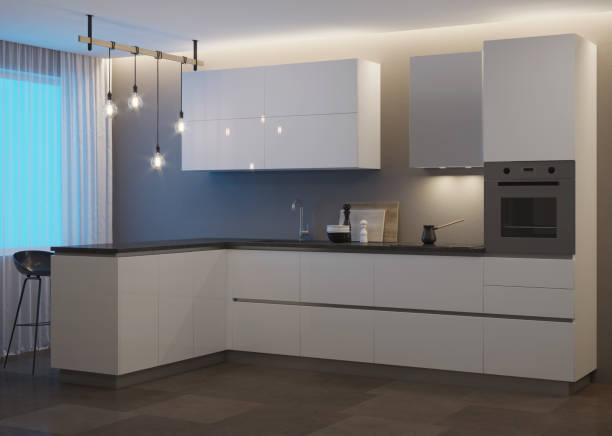 istock Interior with a white modern kitchen and a breakfast bar. Night. Evening lighting. 3D rendering. 1250028375