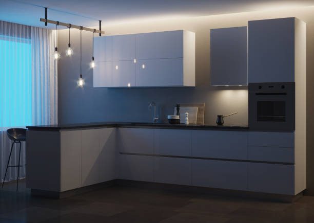 istock Interior with a white modern kitchen and a breakfast bar. Night. Evening lighting. 3D rendering. 1250028378