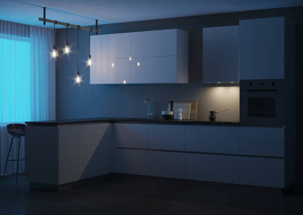 istock Interior with a white modern kitchen and a breakfast bar. Night. Evening lighting. 3D rendering. 1250028379