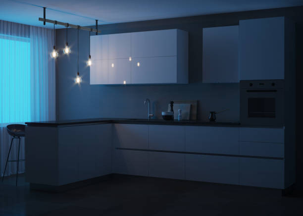 istock Interior with a white modern kitchen and a breakfast bar. Night. Evening lighting. 3D rendering. 1250028403