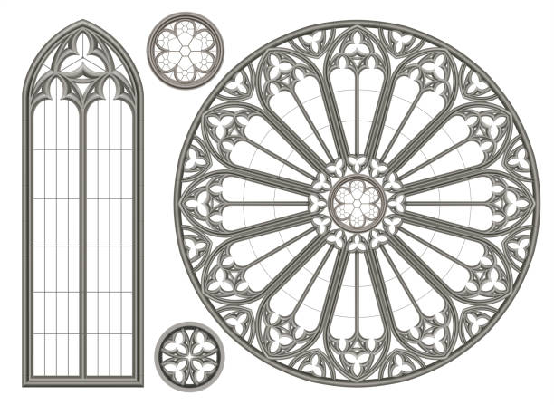 Medieval Gothic stained glass window background or texture Realistic Gothic medieval stained glass window and stone arch with a shadow. Transparent shadow. Background or texture. Architectural element gothic style stock illustrations