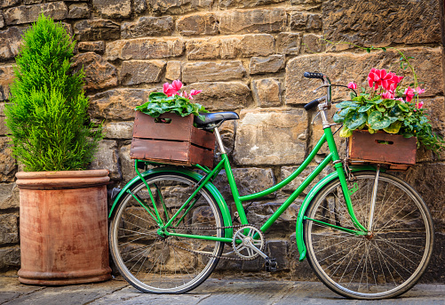 Green bicycle with boxes with flowers next to a stone wall in Florence, Italy