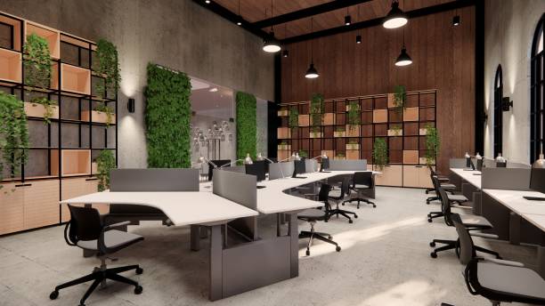 istock Interior Empty Modern Loft Office open space modern office footage.Modern open concept Lobby and reception area meeting room design.4k .Rendering 3d. 1250033885