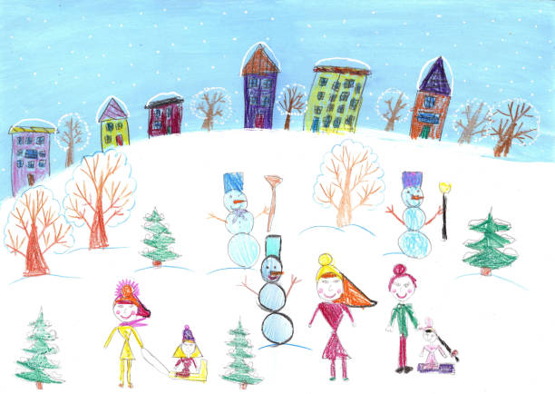 illustrazioni stock, clip art, cartoni animati e icone di tendenza di bambini acquerello che disegnano un giro in slitta invernale - child art childs drawing painted image