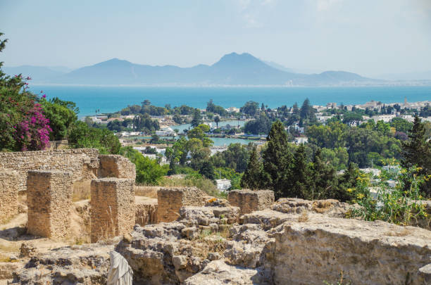 Carthage. Ruins of Phoenician district. Scenic view of harbor and Mediterranean Sea. Nature and travel. Tunisia. UNESCO World Heritage site tun stock pictures, royalty-free photos & images