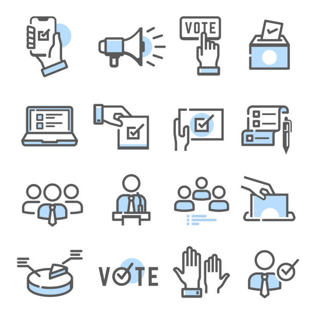 ilustrações de stock, clip art, desenhos animados e ícones de voting and election set of thin line icons isolated on white. politician, electorate outline blue pictograms. - interface icons election voting usa