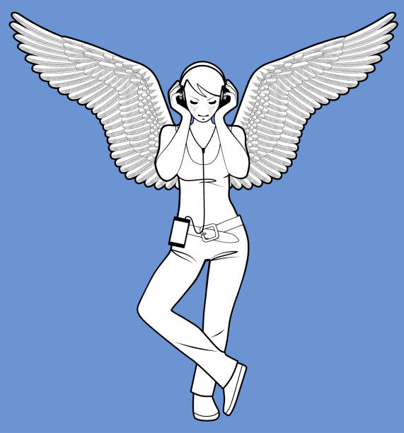 dziewczyna ze skrzydłami i słuchać muzyki z head-phones na niebiesko - flying contemporary dancing dancer stock illustrations