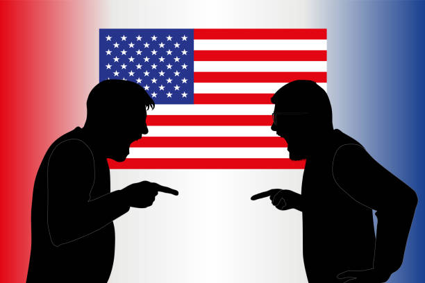 Concept of American opinion, fractured before the election of the President of the United States. Concept of the radical cleavage in American opinion, symbolized by a fierce opposition between a Republican and a Democrat. democratic party usa illustrations stock illustrations