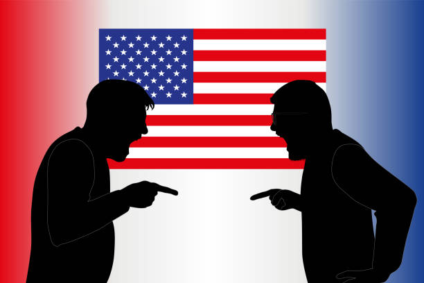 Concept of American opinion, fractured before the election of the President of the United States. Concept of the radical cleavage in American opinion, symbolized by a fierce opposition between a Republican and a Democrat. angry republican stock illustrations