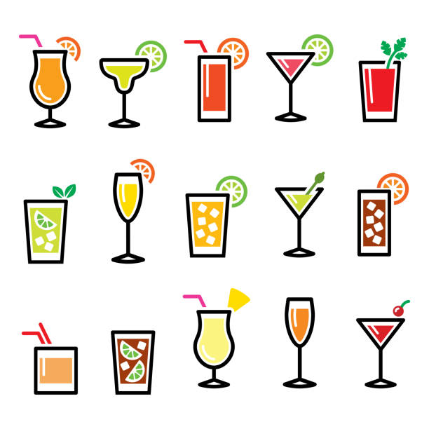illustrations, cliparts, dessins animés et icônes de cocktails, boissons populaires alcohot verres icônes vecteur ensemble - pub, concept de bar - mai tai