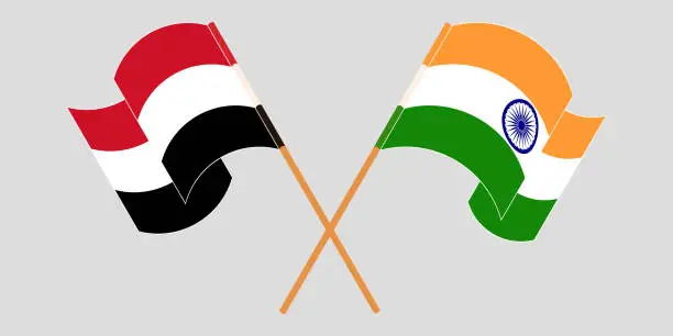 Vector illustration of Crossed and waving flags of Yemen and India