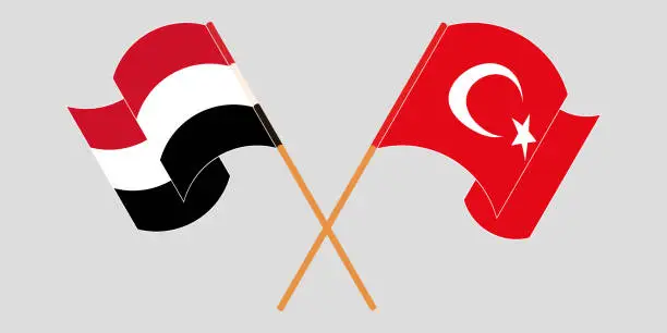 Vector illustration of Crossed and waving flags of Yemen and Turkey