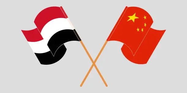 Vector illustration of Crossed and waving flags of Yemen and China