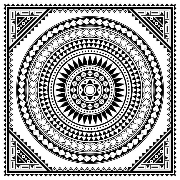 ilustraciones, imágenes clip art, dibujos animados e iconos de stock de patrón polinesio tribal mandala vector tarjeta de felicitación, diseño retro hawaiano inspirado en el arte geométrico tradicional - polynesia