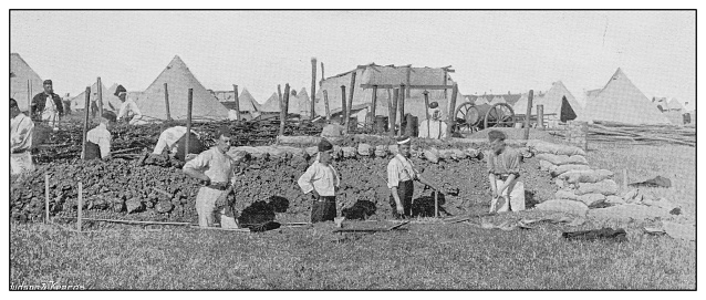 Antique photograph of British Navy and Army: London Engineers digging a shelter trench