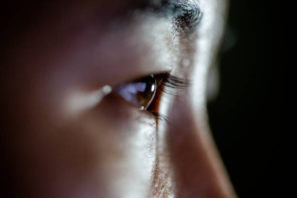 a close up of a young woman's blue eyes - human eye eyesight women creativity imagens e fotografias de stock