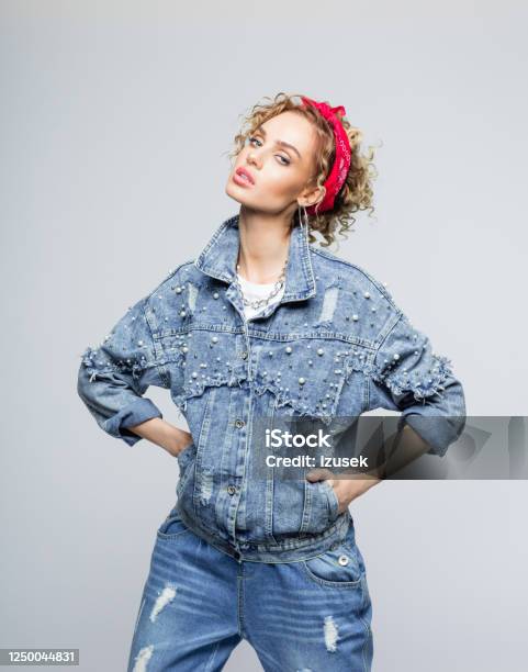 Confident Young Woman In 80s Style Outfit Stock Photo - Download Image Now - 1980-1989, 25-29 Years, Adult
